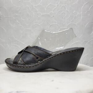 Merona Leather Wedge Sandals Womens 8 Black Stitching Slip on Mules Slides Y2k